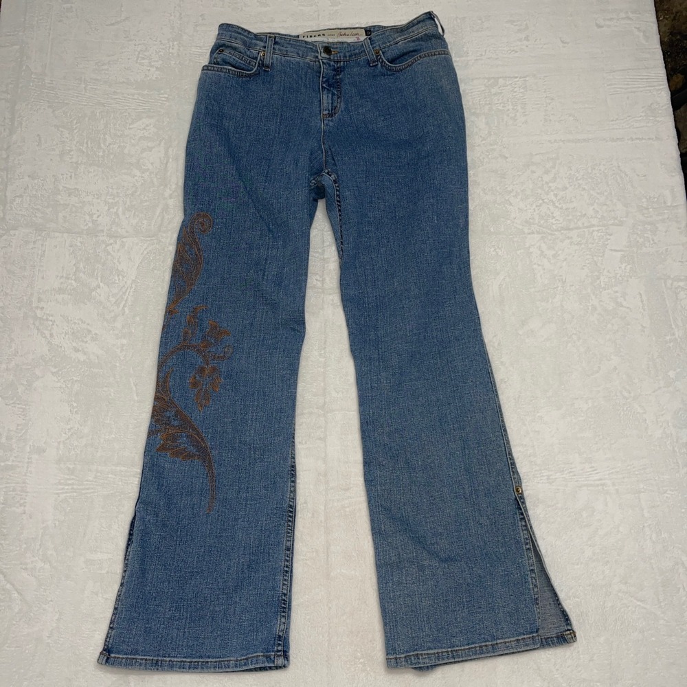 Fibers Barbara Lesser Jeans Womens Size 12 Blue Flare Leg Embroidered Split‎ Hem